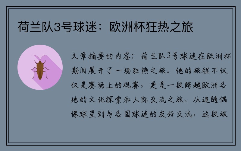 荷兰队3号球迷：欧洲杯狂热之旅