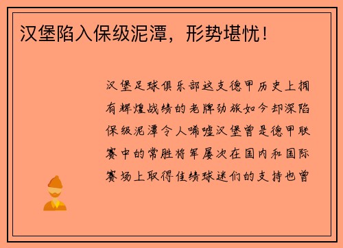 汉堡陷入保级泥潭，形势堪忧！
