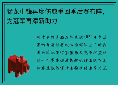 猛龙中锋再度伤愈重回季后赛布阵，为冠军再添新助力