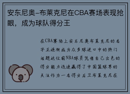 安东尼奥-布莱克尼在CBA赛场表现抢眼，成为球队得分王