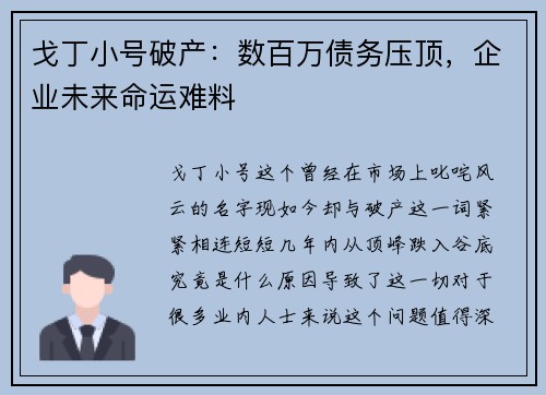 戈丁小号破产：数百万债务压顶，企业未来命运难料